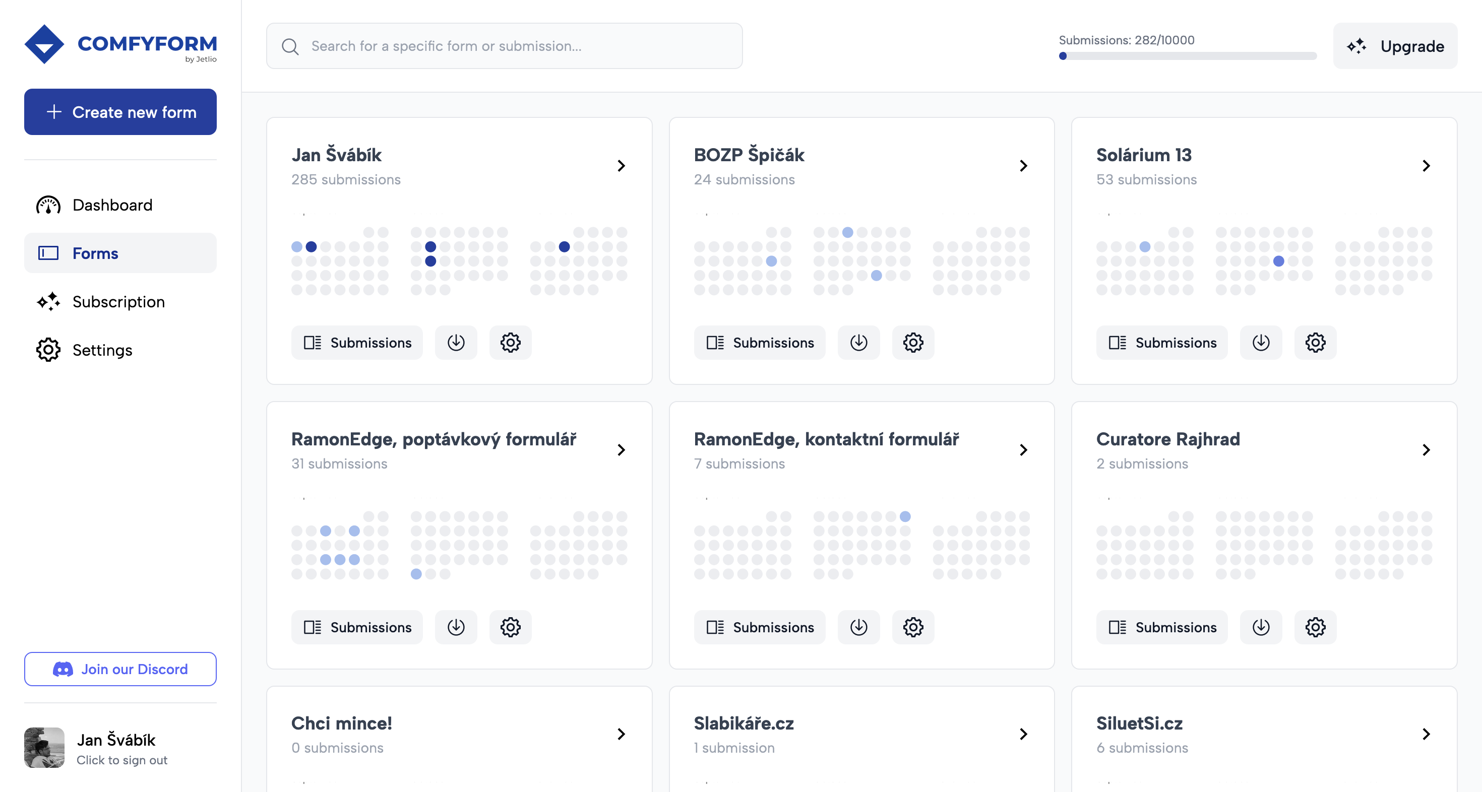 Přehled formulářů v aplikaci Comfyform