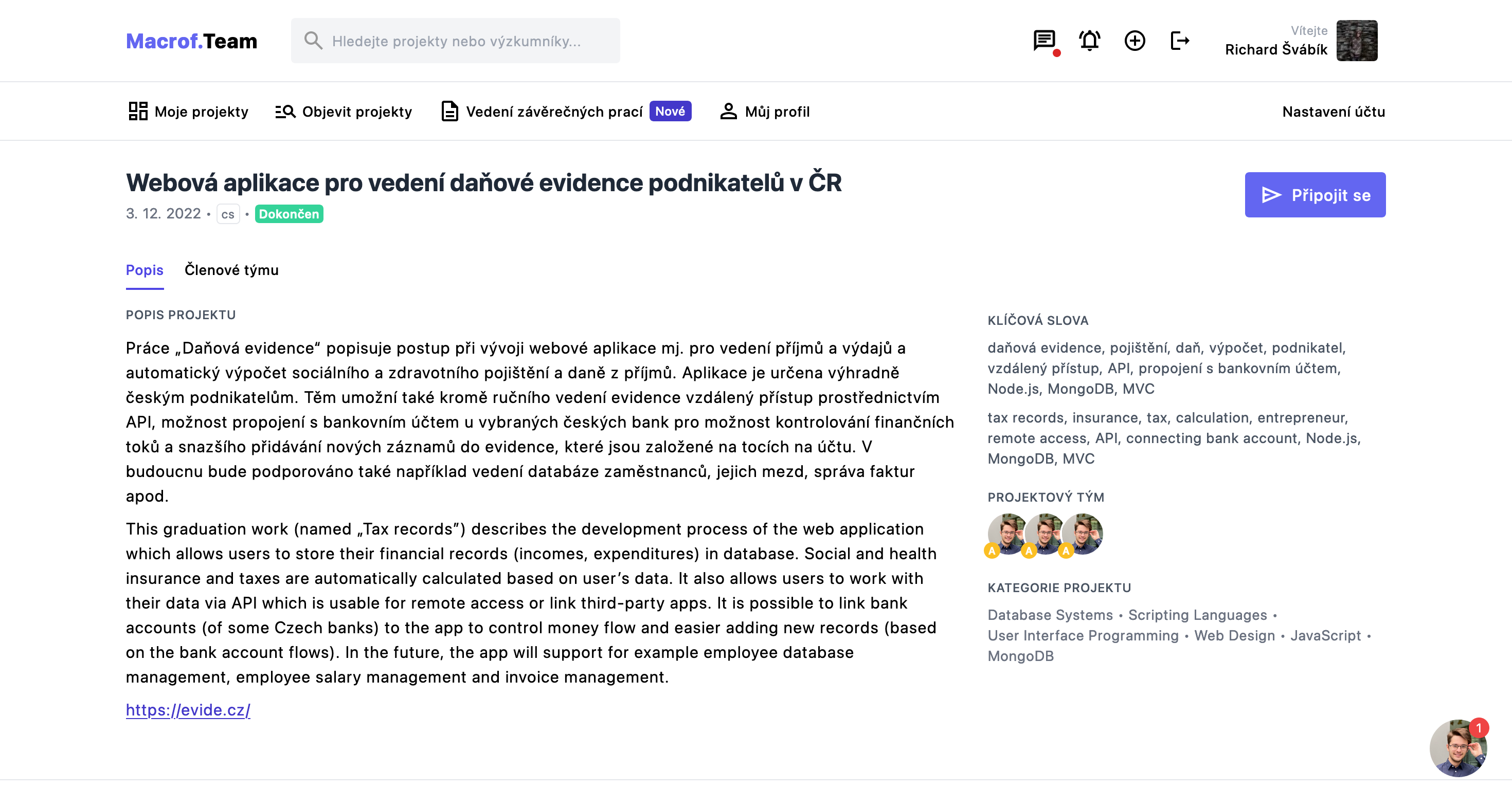 Popis projektu v aplikaci Macrof